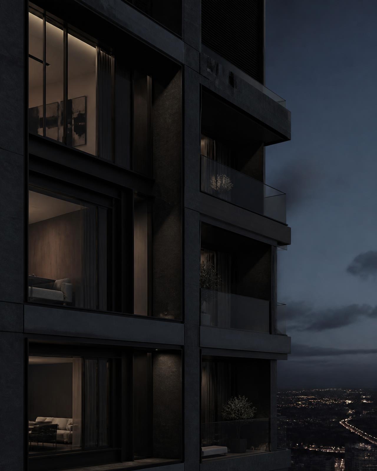 Luxury residential tower facade at dusk