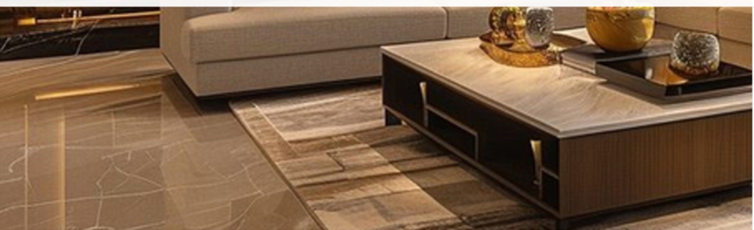 Sectional sofa and walnut coffee table on polished marble flooring