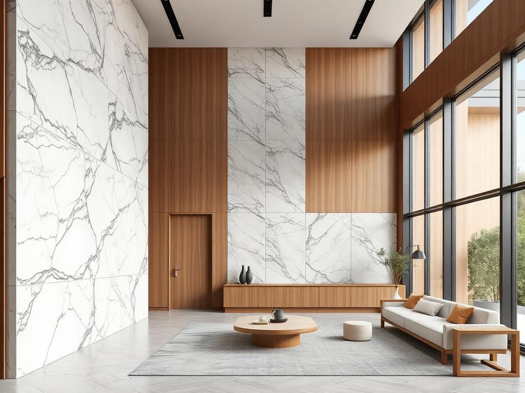 Residential living area with marble feature wall and full-height glazing